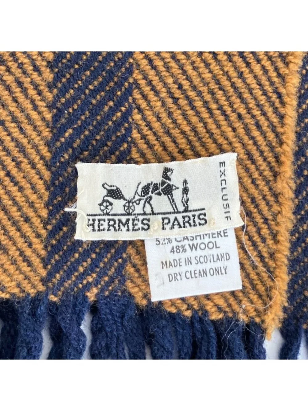 Hermes Vintage Cashmere Wool Reversible Fringe Scarf Navy Beige